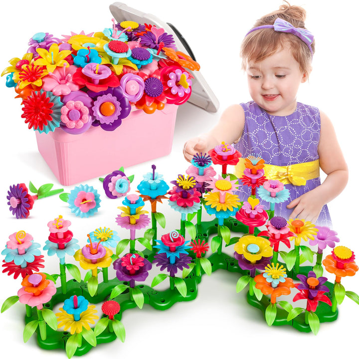 Fivejoy Blumengarten Spielzeug Für Mädchen 134PCS, DIY Bouquet Set Mit Rosa Box Draussen & Drinnen S