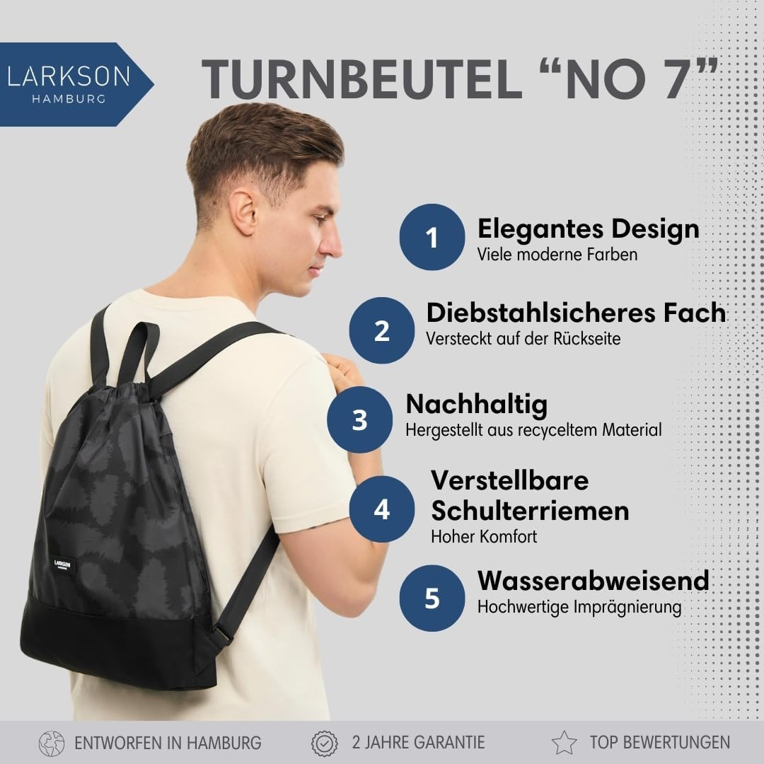 LARKSON Turnbeutel Damen &amp; Herren Grau Leo - No 7 - Rucksack Damen für Sport und Festival - Beutel R
