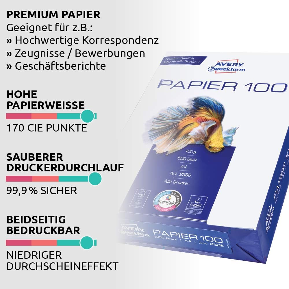 AVERY Zweckform 2575 Drucker-/Kopierpapier 1 Box mit 5 Pack, weiss & 2566 Drucker-/Kopierpapier 1 Pa