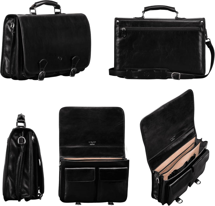 Maxwell Scott Klassische Italienische Herren Leder Aktentasche Jesolo2 in Schwarz, Schwarz