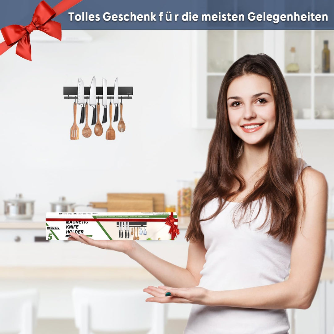 Dmore 30 cm Magnetleiste Messer mit 5 Haken, schwarzer Messerhalter magnetisch mit Hakenleiste, extr