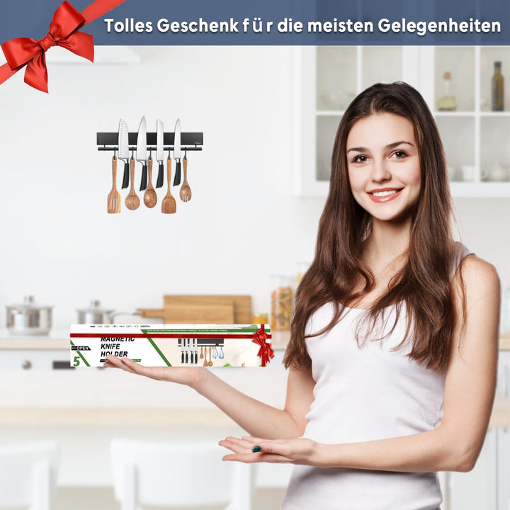 Dmore 30 cm Magnetleiste Messer mit 5 Haken, schwarzer Messerhalter magnetisch mit Hakenleiste, extr