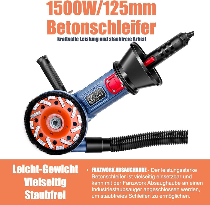 FANZWORK 1500W Betonschleifer Betonfräse Set, Drehzahlregelbar, inkl. Premium 125mm Diamantschleifto