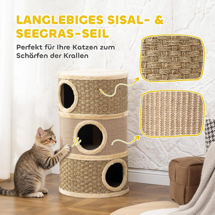 PawHut Kratztonne für Katzen 79 cm Hoch Ø 45 cm Katzentonne mit 3 Etagen Sisalseil, Plüsch Katzenhöh