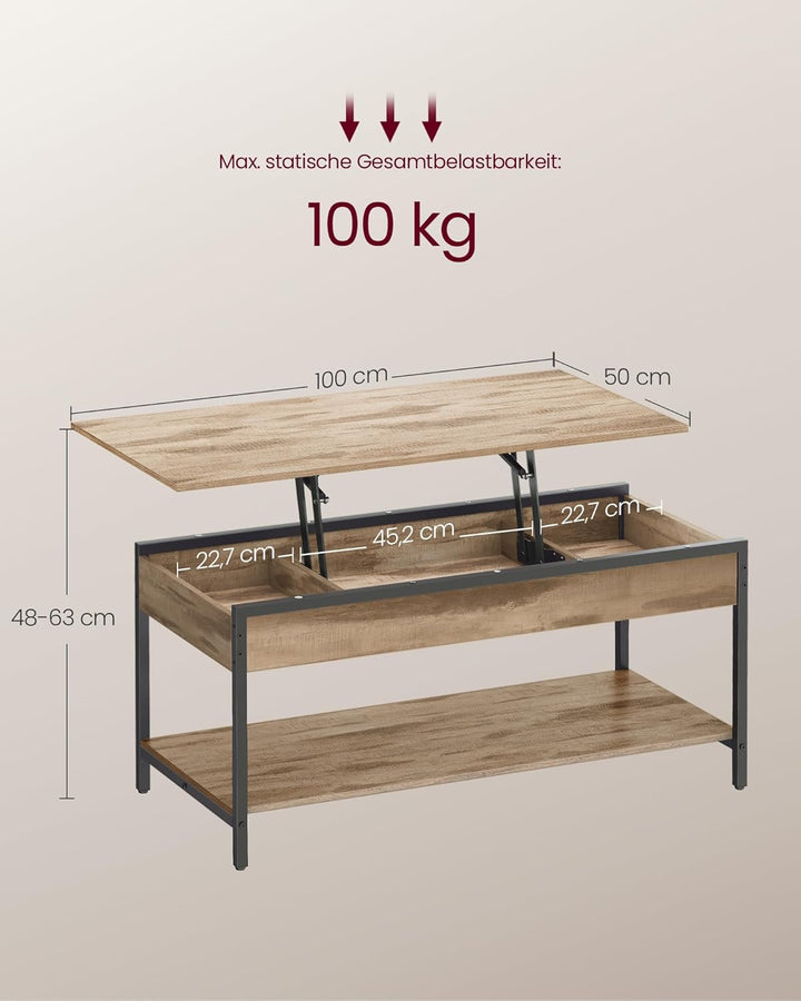 VASAGLE Couchtisch, höhenverstellbarer Wohnzimmertisch, Kaffeetisch, mit offenem Fach und versteckte