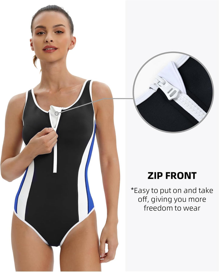 Veranobreeze Damen Sport Badeanzug Racerback Schwarz Sport Bademode 40 Blau/Schwarz, 40 Blau/Schwarz