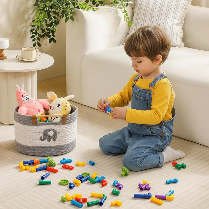 Grosser Aufbewahrungskorb aus Baumwollseil, kleiner Elefant besticktes Muster, Grosser Deckenkorb 35