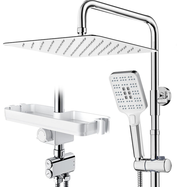 Rainsworth Duschsystem mit Ablage Chrom - 30 X 30 cm eckig Regendusche und 3 Strahlarten Duschkopf,