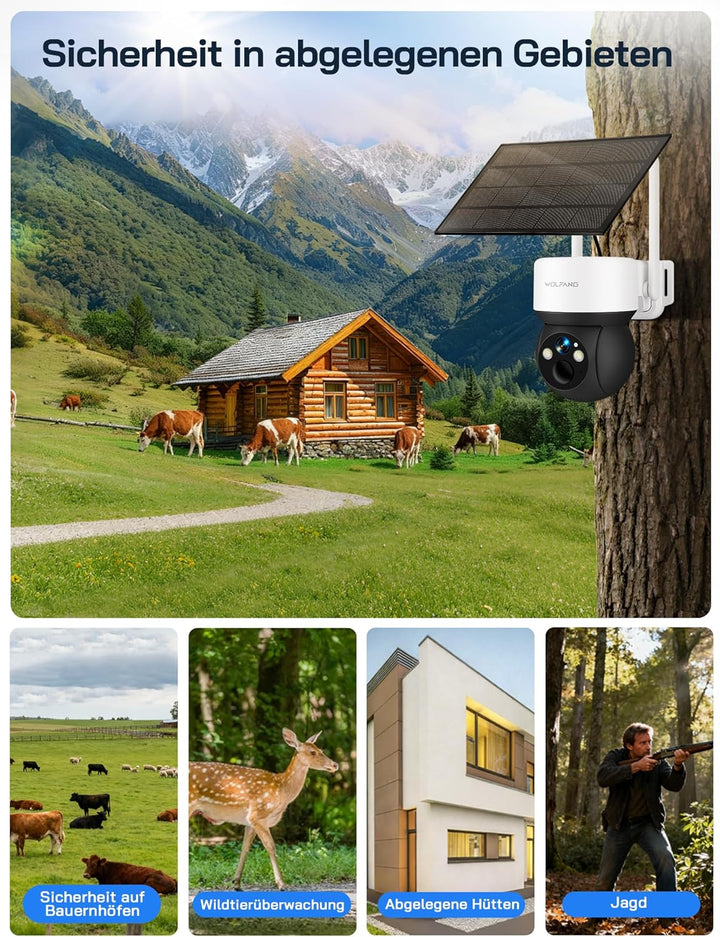WOLFANG 4G LTE Wildkamera Solar, 2K Wildkamera mit Handyübertragung App, 0,2s PIR Auslösezeit, Beweg