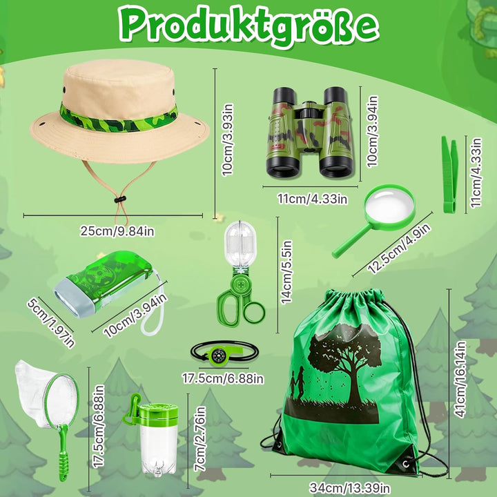 11 Pcs Forscherset für Kinder, Safari Kostüm mit Umfangreichem Zubehör Grün | Safari Kostüm-Set für