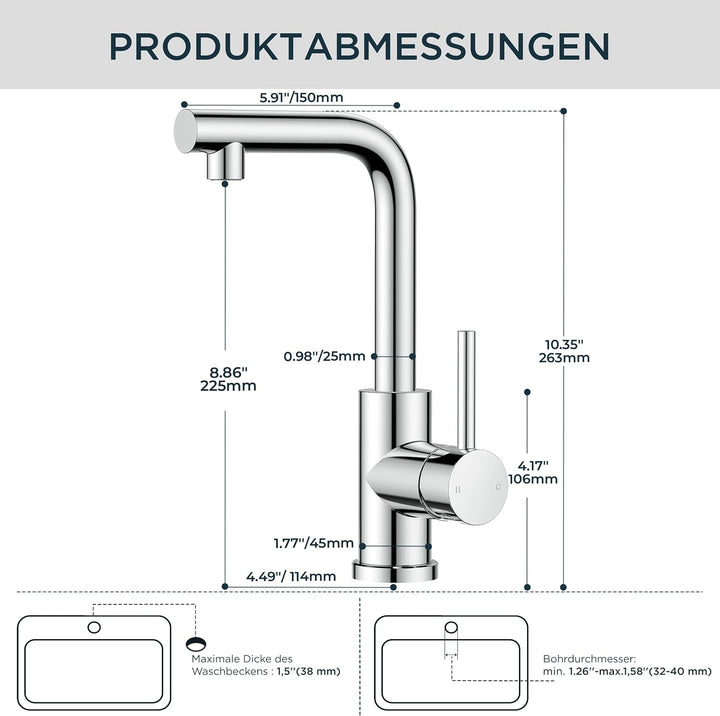 FORIOUS® Premium Wasserhahn Bad Chrom,Design Waschtischarmatur Hoch 225mm Auslaufhöhe 225mm Polierte