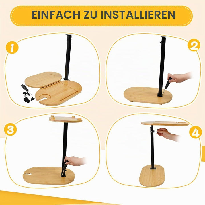 Beistelltisch C Form Höhenverstellbar 40-80cm Kleiner Couchtisch 360°Rotierend Bambus Mobiler Kaffee