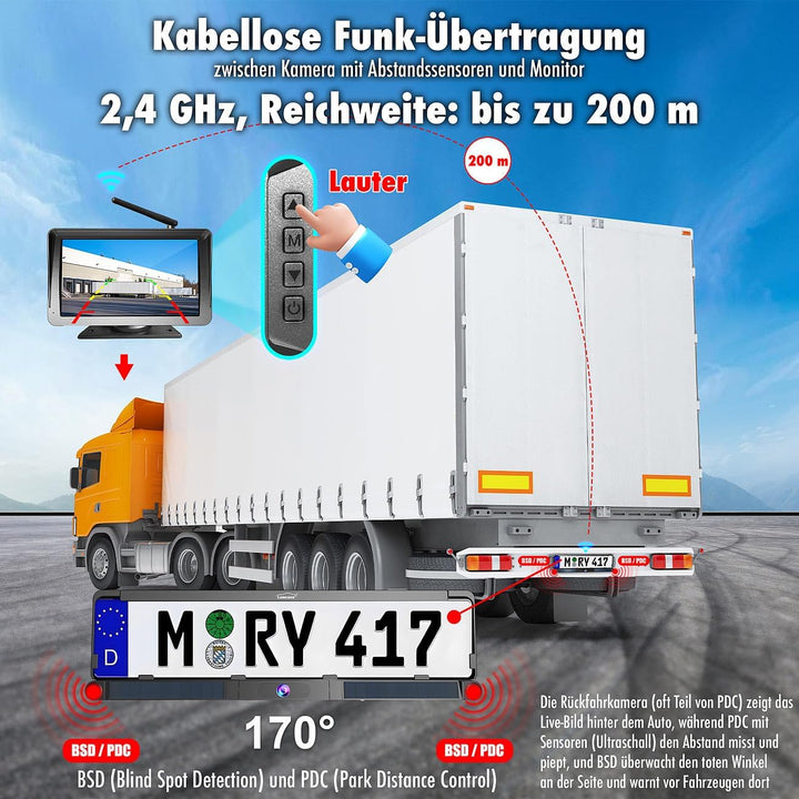 Lescars Auto Zubehör: Kabelloses Solar-Funk-Rückfahrkamera-Set, CarPlay-/Android-Auto-komp. (Abstand