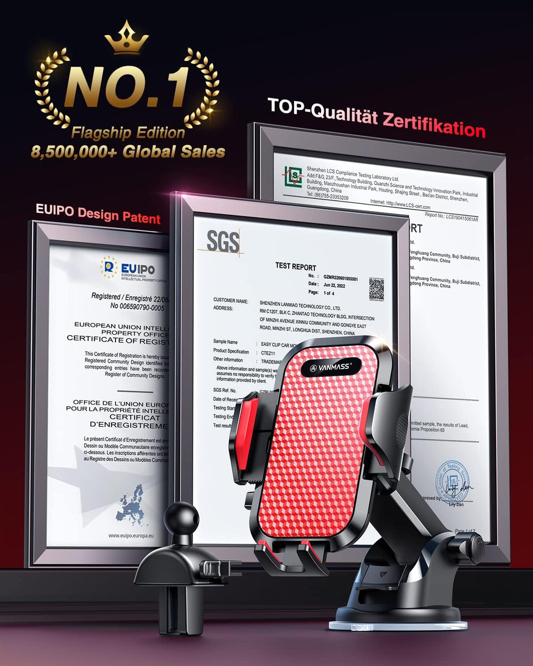 VANMASS Handyhalterung Auto 2024 Upgrade Super Stabil 3 in 1 Saugnapf & Lüftung 100% Sicher Universa