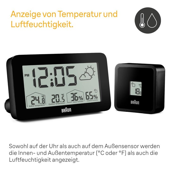 Digitale Braun-Wetterstationsuhr mit Anzeige von Innen- und Aussentemperatur sowie Luftfeuchtigkeit,