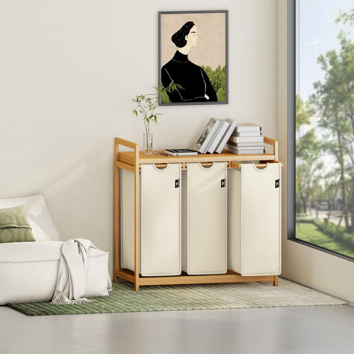 AdelDream Wäschekorb 150L, 3 Fächer Wäschesammler mit Ablage, Bambusrahmen | Wäschesortierer mit 3 x