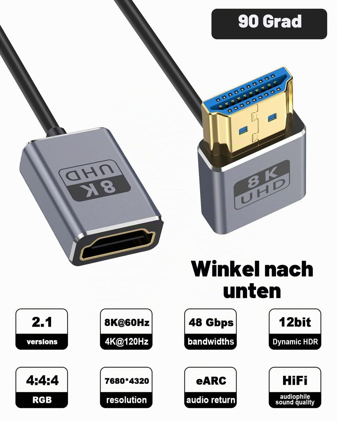 Duttek HDMI-Verlängerungskabel, 8 K, 90 Grad, abgewinkelt, HDMI-Stecker auf Buchse, 48 Gbit/s Bandbr