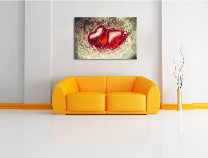 zwei Herzen Pinsel Effekt, Format: 100x70 auf Leinwand, XXL riesige Bilder fertig gerahmt mit Keilra