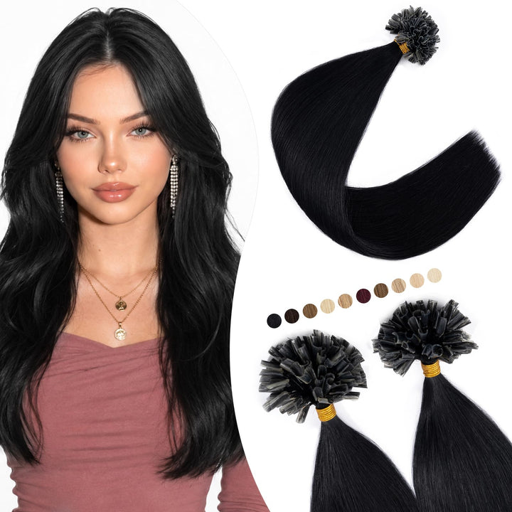 Elailite U-Tip Echthaar Bonding Extensions Keratin Haarverlängerung Haar Glatt 20''(50 cm) #1 Schwar