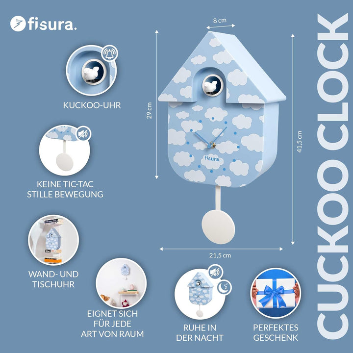 Fisura - Blaue Kuckucksuhr mit Wolkenmotiv. Wanduhr. Originelle Wanduhr als Geschenk. 3 AA-Batterien
