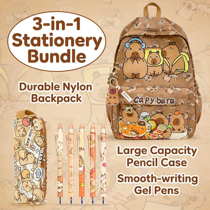 OPVXZAD Capybara Rucksack Set, Schulrucksack Grosse Kapazität mit Capybara Federmäppchen, Stiften &