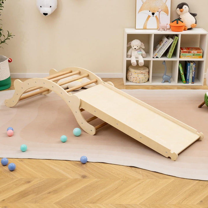 HOMASIS 3-in-1 Kletterbogen mit Rutsche & Wippe, Klettergerüst Indoor mit umkehrbare Rampe & Matte,