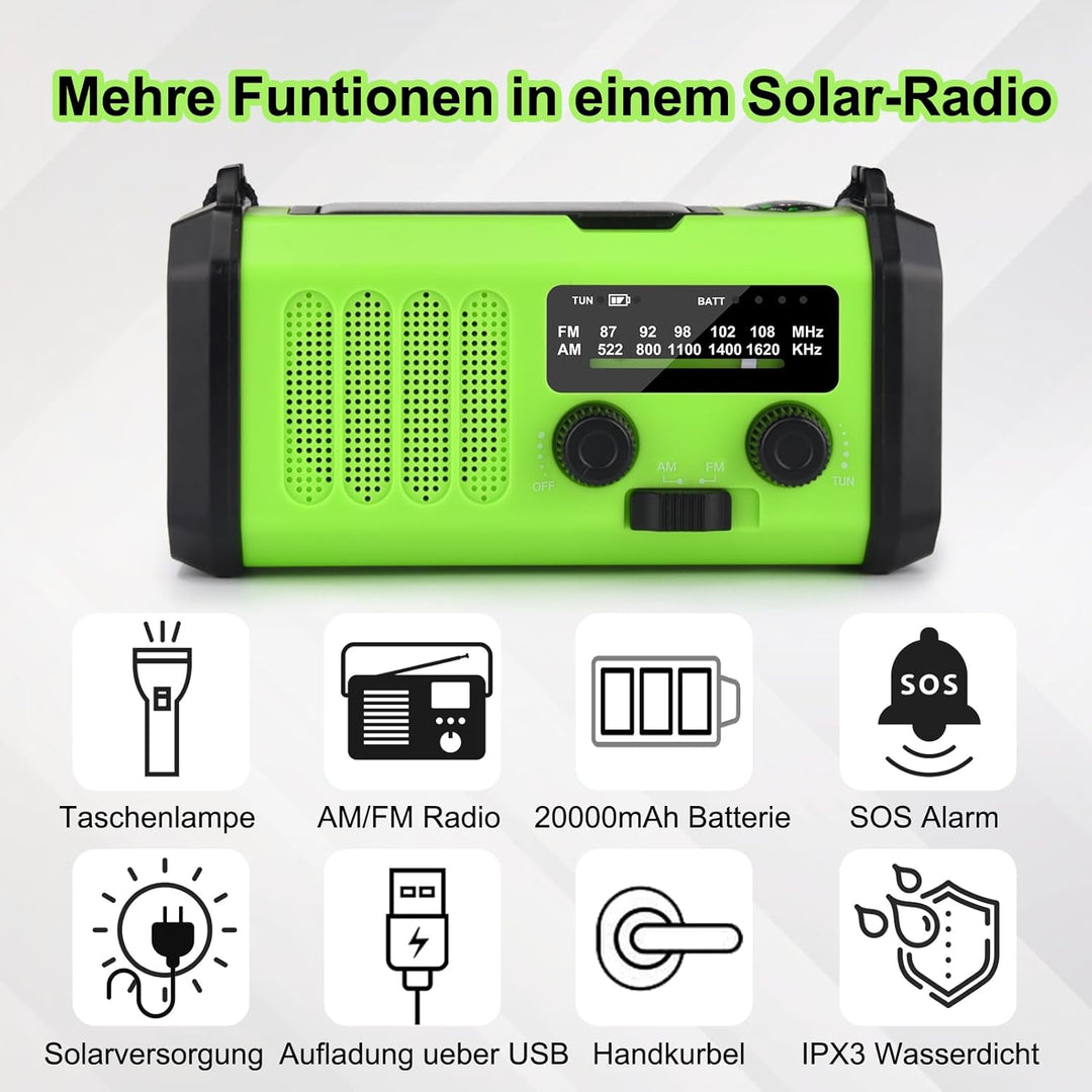 20000mAh Solar Radio, Tragbar Kurbelradio AM/FM Notfallradio mit 10000mAh Wiederaufladbar Powerbank,