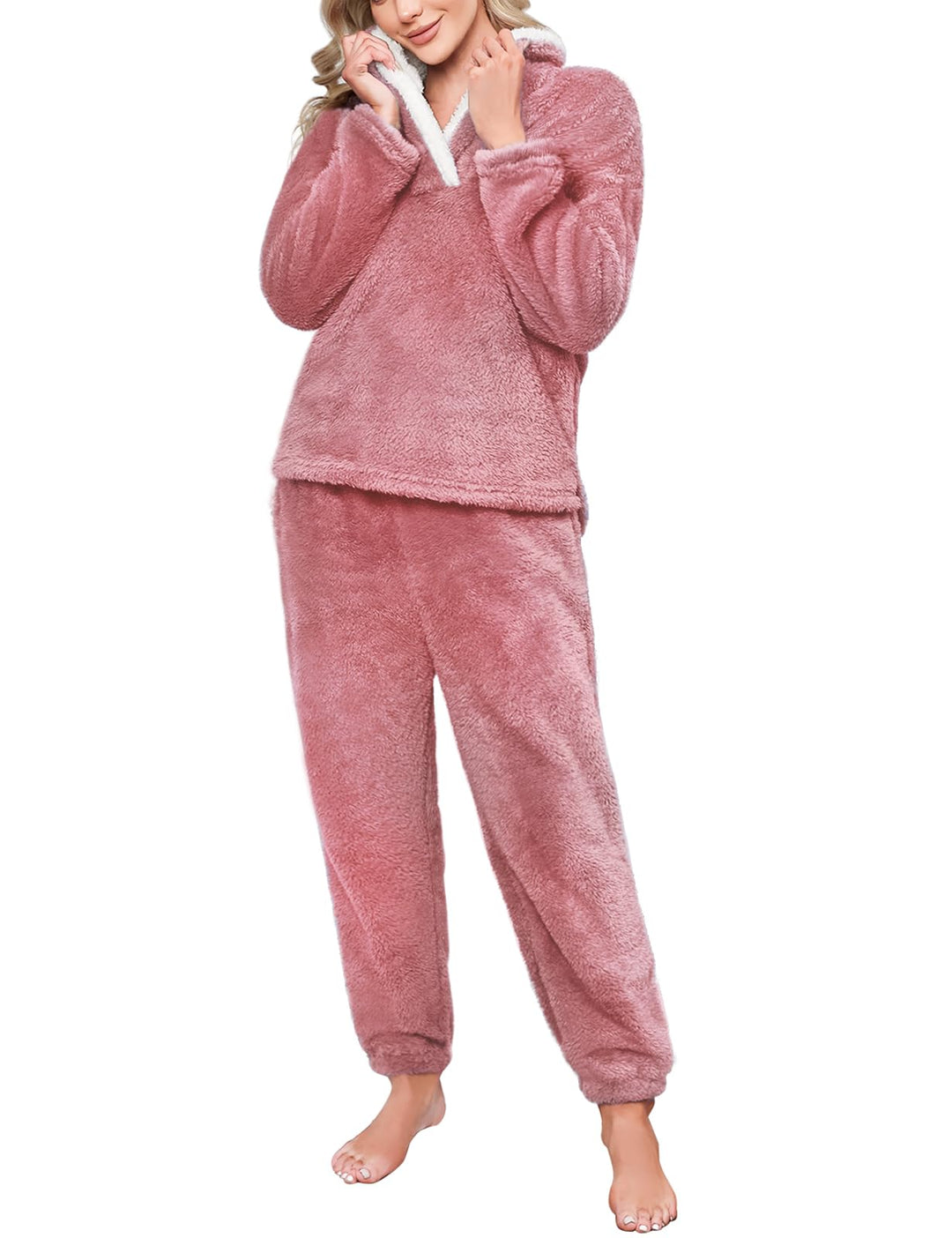 TOMEEK Schlafanzug Damen Winter Thermo Pyjama Set Langarm Fleece Nachtwäsche Set Weicher Warmer Heim