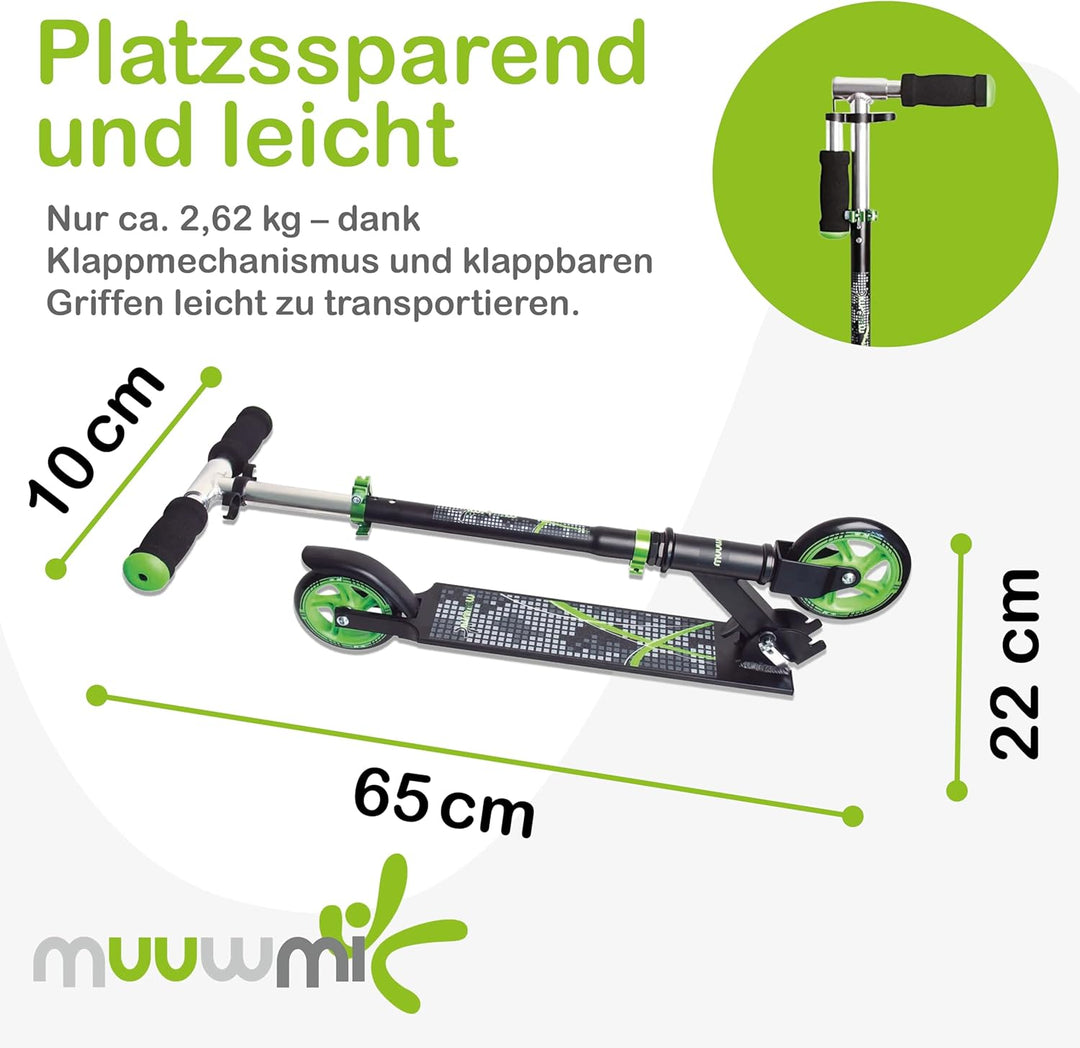 muuwmi Aluminium Scooter – Tretroller, 125 mm, ABEC 5, GS geprüft, höhenverstellbar grün/schwarz, gr