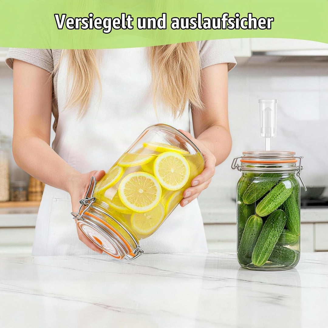 2 Stück Fermentierglas,1000ml Fermentationsglas mit Deckel, Einmachglas mit Gärventi &amp; Gewicht, Ferm
