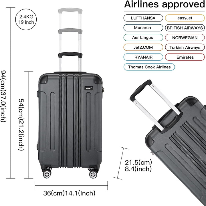 KONO Trolley Handgepäck Koffer 55x35x20cm Rollkoffer Reisekoffer mit 4 Rollen und Schloss (Grau), Gr