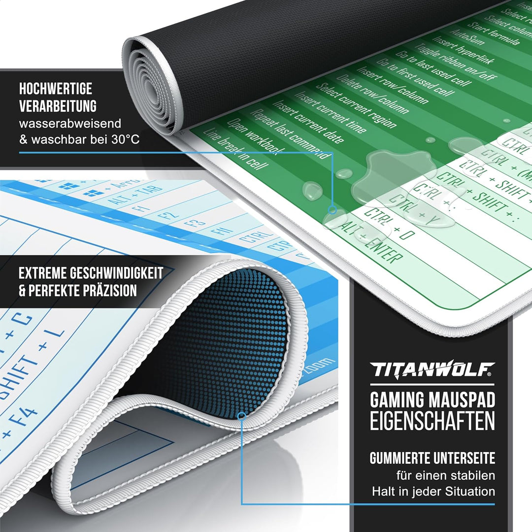 TITANWOLF - XXL Speed Gaming Mauspad 900 x 400mm - Excel Windows Outlook Word Shortcut Tastenkürzel