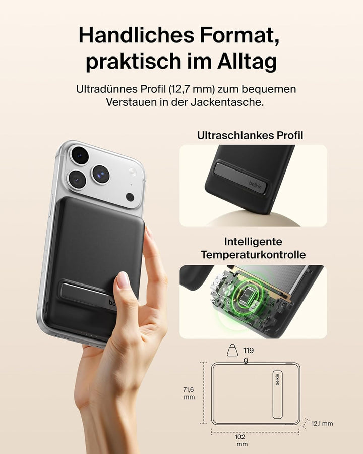 Belkin BoostCharge Power Bank Qi2 15W, Schlanke Magnetische Powerbank 5000mAh mit Ständer, Inklusive