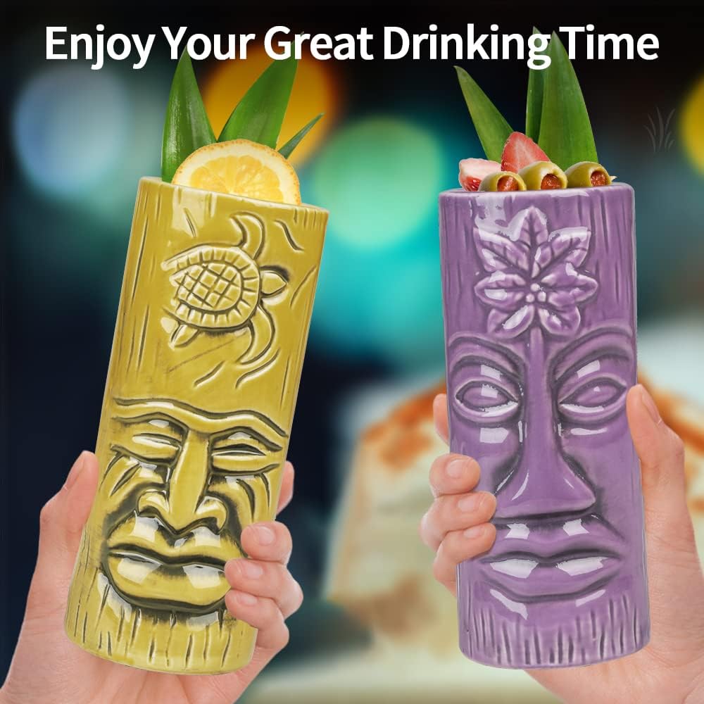 Tiki-Tassen-Set, Hawaii-Party-Becher aus Keramik mit Untersetzer, für Cocktails, hochwertiges Tassen