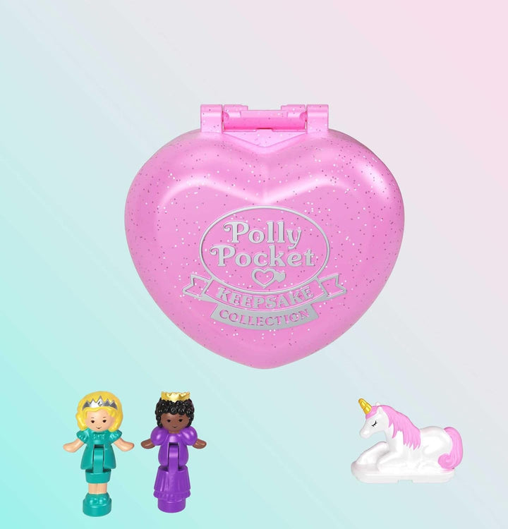Polly Pocket Keepsake Collection Royal Ball Schmuck-Set, Einhorn-Schloss, 2 Puppen, Ring- und Ringbo