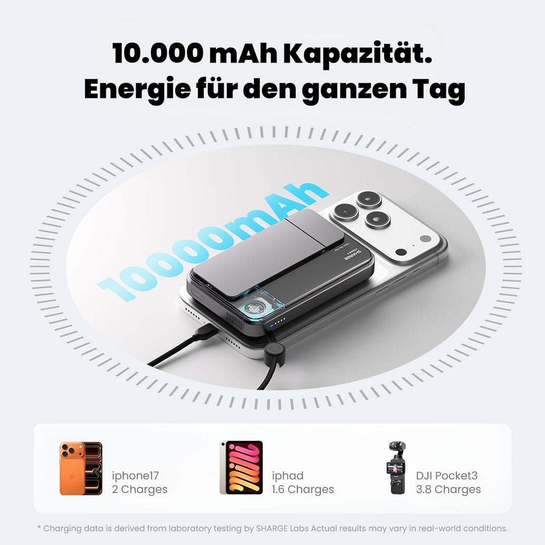 sharge ICEMAG 3 Magsafe Powerbank 10000mAh, Qi2.2 25W Magnetische Powerbank mit Active Cooling 3.0,