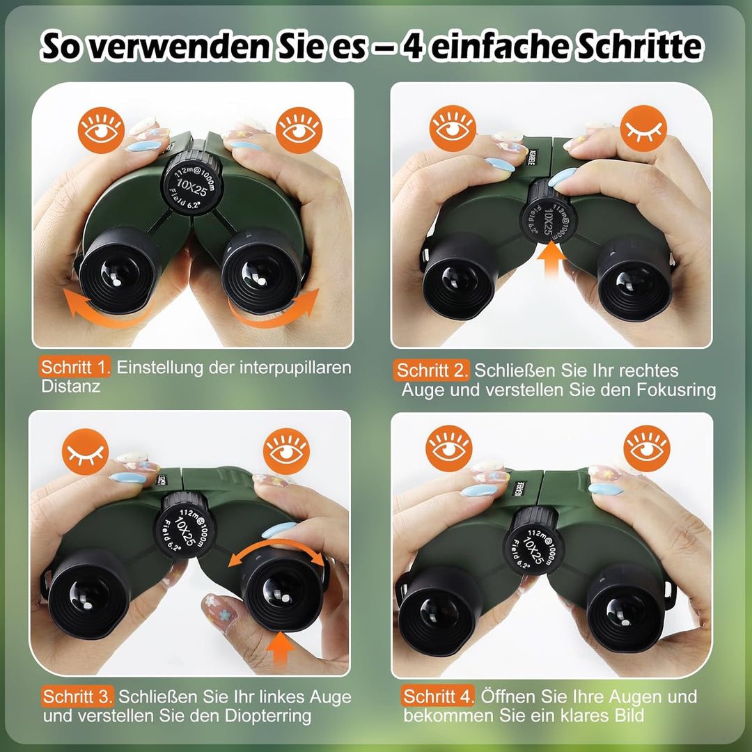 Fernglas für Erwachsene und Kinder, 10x25 Kompaktes Kleines Fernglas mit HD Linsen, Leicht, mit Gürt