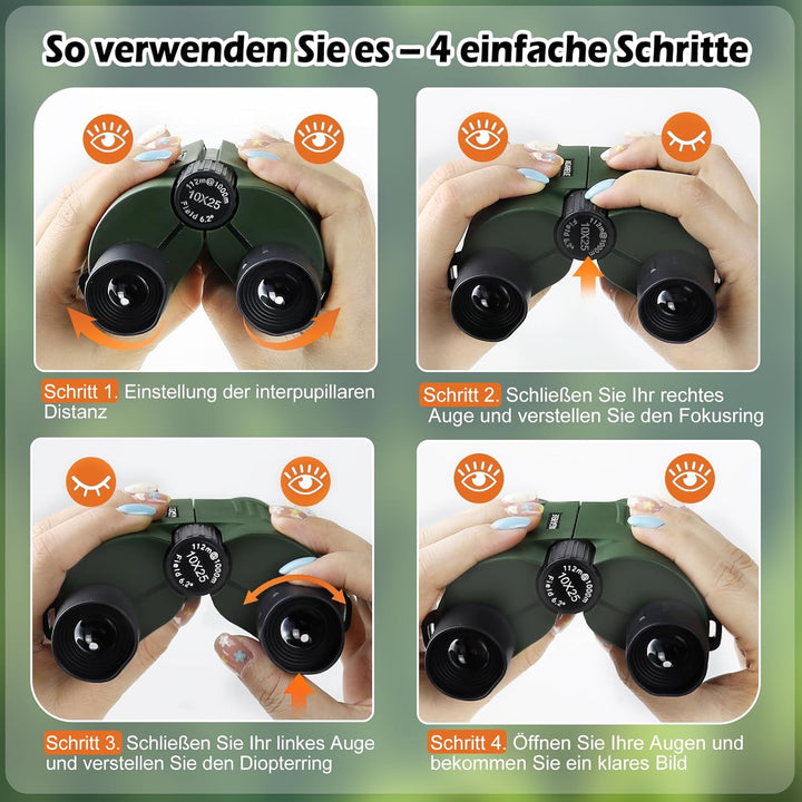 Fernglas für Erwachsene und Kinder, 10x25 Kompaktes Kleines Fernglas mit HD Linsen, Leicht, mit Gürt