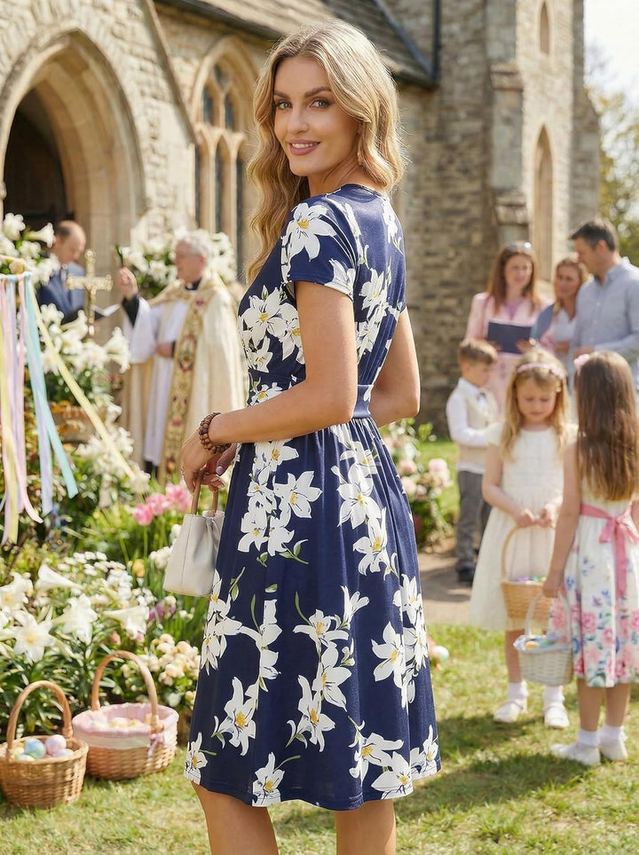 OUGES Kleid Damen Kurzarm/Langarm Sommer Herbstkleid V-Ausschnitt Casual Midi Freizeitkleid mit Tasc