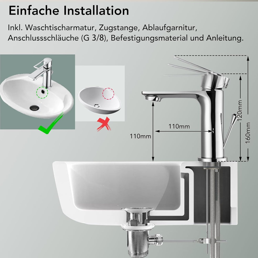 Wasserhahn Bad mit Zugstange, Einhebel-Waschtischarmatur mit Ablaufgarnitur, Chrom Einhandmischer Wa