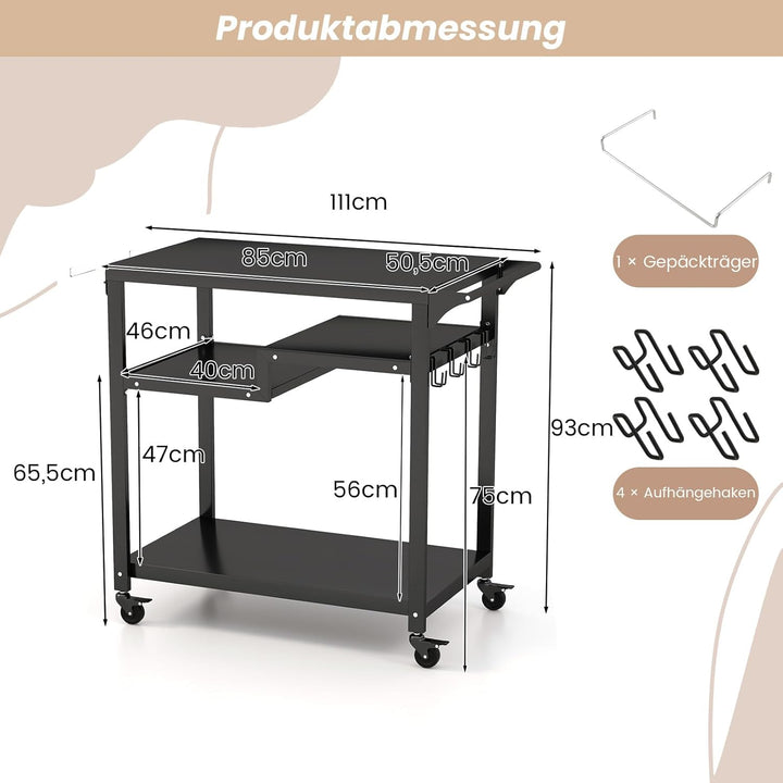 COSTWAY Grillwagen Grilltisch Outdoor, Pizzatisch mit 4 Ablagen & 4 Rollen & Haken, Grill Beistellti