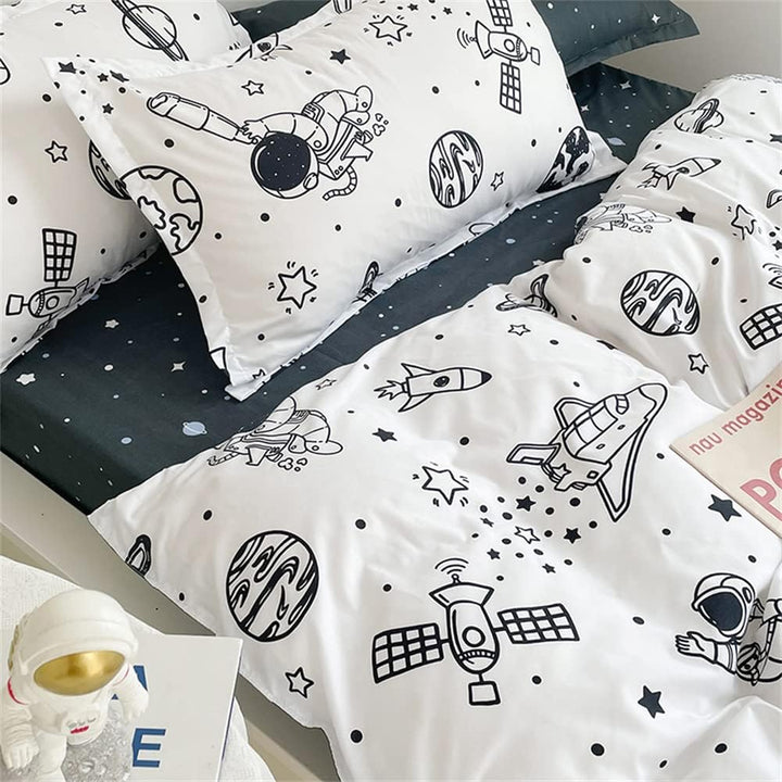 Koudi Bettwäsche Kinder 100x135 Weltraum Kinderbettwäsche Jungen Weiss Schwarz Rakete Sterne Planete