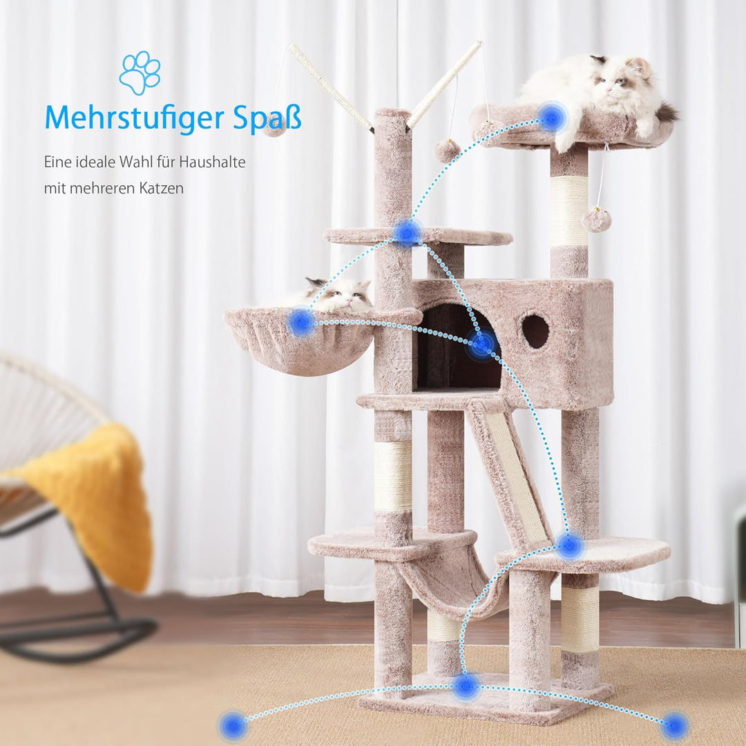 Hey-Brother Kratzbaum, 135 cm Indoor Katzenbaum, Mit gepolsterter Plattform Bett, Spielzeug Ball, Hö