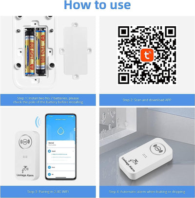 WiFi Wassermelder Wasseralarm(2,4 G WiFi), 90 dB Wassersensor Alarm und App Alarm, kabelloser Wasser