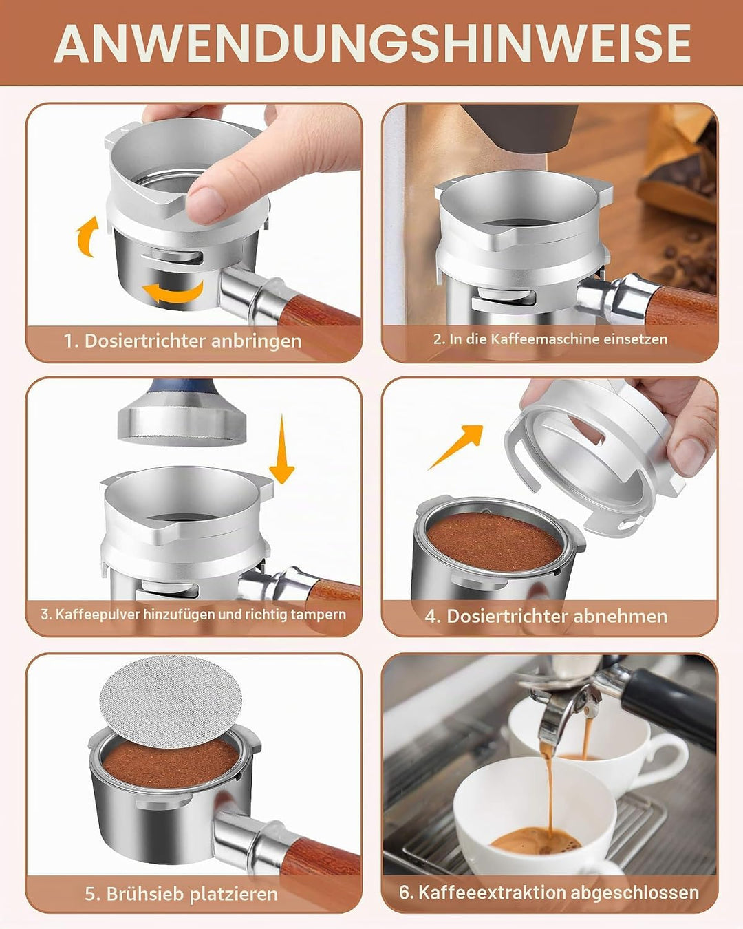 54 mm Kaffee-Dosiertrichter, freihändiger Aluminium-Dosierring und 53,5 mm Edelstahl-Pucksieb, Ersat