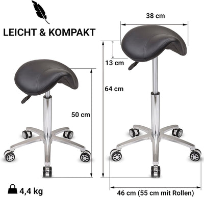 Staboos Rollhocker bis 160 kg - Sattelsitz mit Gel Polster - Praxishocker mit Rollen - Drehhocker hö