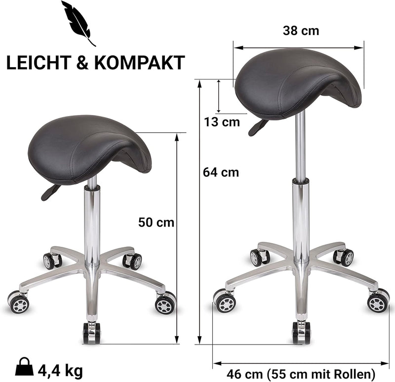 Staboos Rollhocker bis 160 kg - Sattelsitz mit Gel Polster - Praxishocker mit Rollen - Drehhocker hö