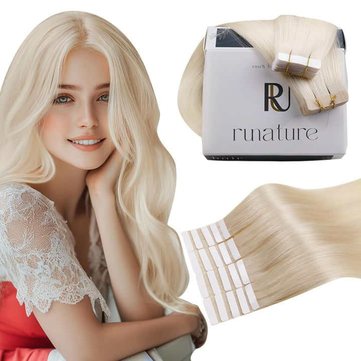 RUNATURE Tape Extensions Echthaar Blond 55cm Lang Haarverlangerung Echthaar Tape in Glatte Haare 50g