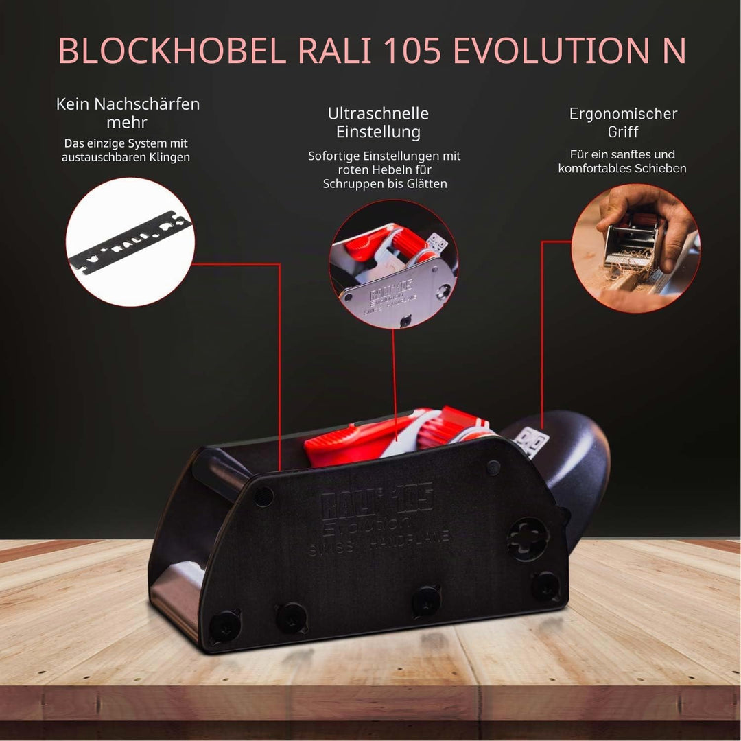 Hobel RALI 105 EVO B: Einhandhobel ohne Nachschärfen | Handhobel für Tischler | Einfache Einstellung