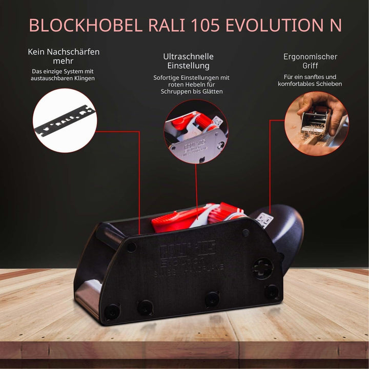 Hobel RALI 105 EVO B: Einhandhobel ohne Nachschärfen | Handhobel für Tischler | Einfache Einstellung